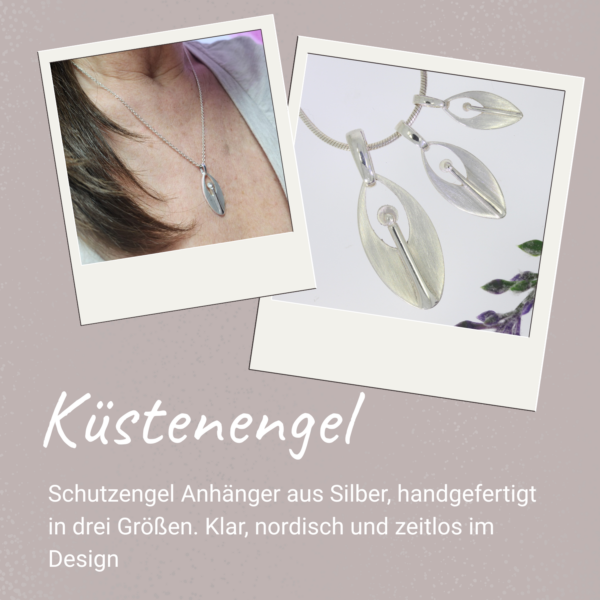 Küstenengel Schutzengel Anhänger aus Silber, handgefertigt in drei Größen. Klar, nordisch und zeitlos im Design