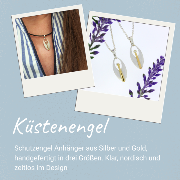 Küstenengel Schutzengel Anhänger aus Silber und 750 Gold handgefertigt in drei Größen. Klar, nordisch und zeitlos im Design Cover