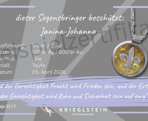 Segensbringer, Geschenk zur Taufe, kleiner Anhänger aus 925er Sterling Silber mit goldenem Hintergrund und silbernem Symbol Zertifikat