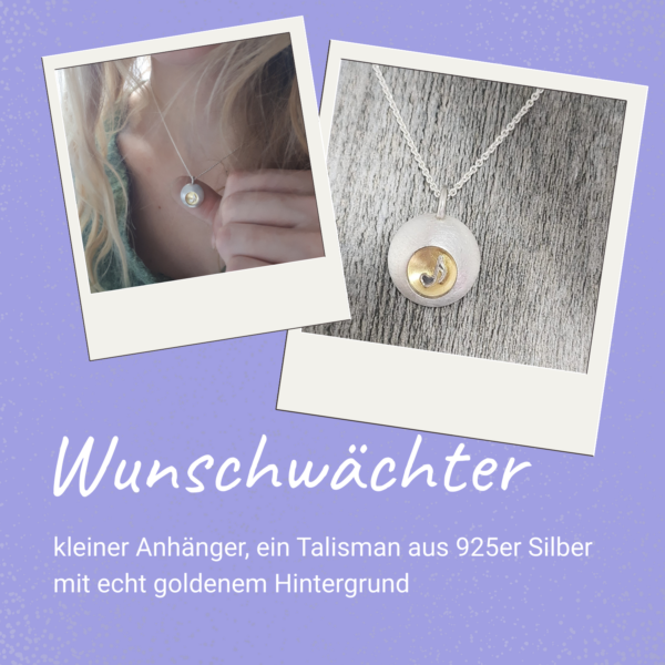 Wunschwächter, Glücksbringer, kleiner Anhänger aus 925er Sterling Silber mit goldenem Hintergrund und silbernem Symbol Cover