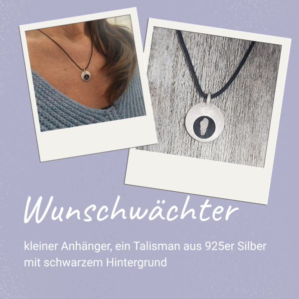 Wunschwächter, Glücksbringer, kleiner Anhänger aus 925er Sterling Silber mit schwarzem Hintergrund und silbernem Symbol Cover