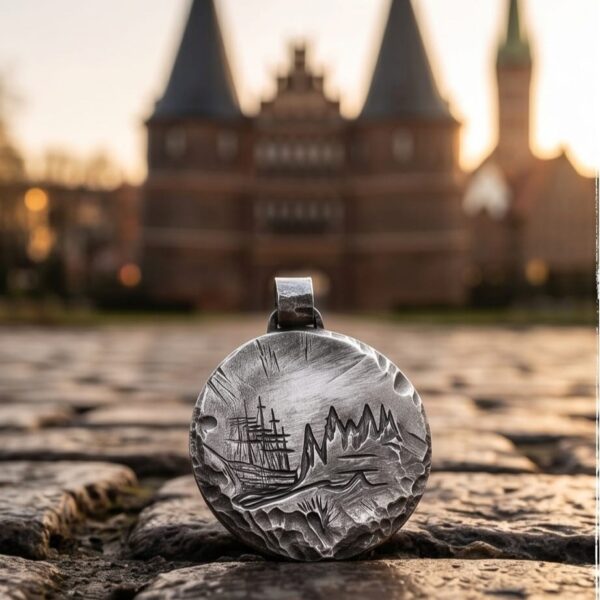 Lübeck Anhänger Silber „Hafenlicht“ – Rough Style mit Holstentor & Passat (4)